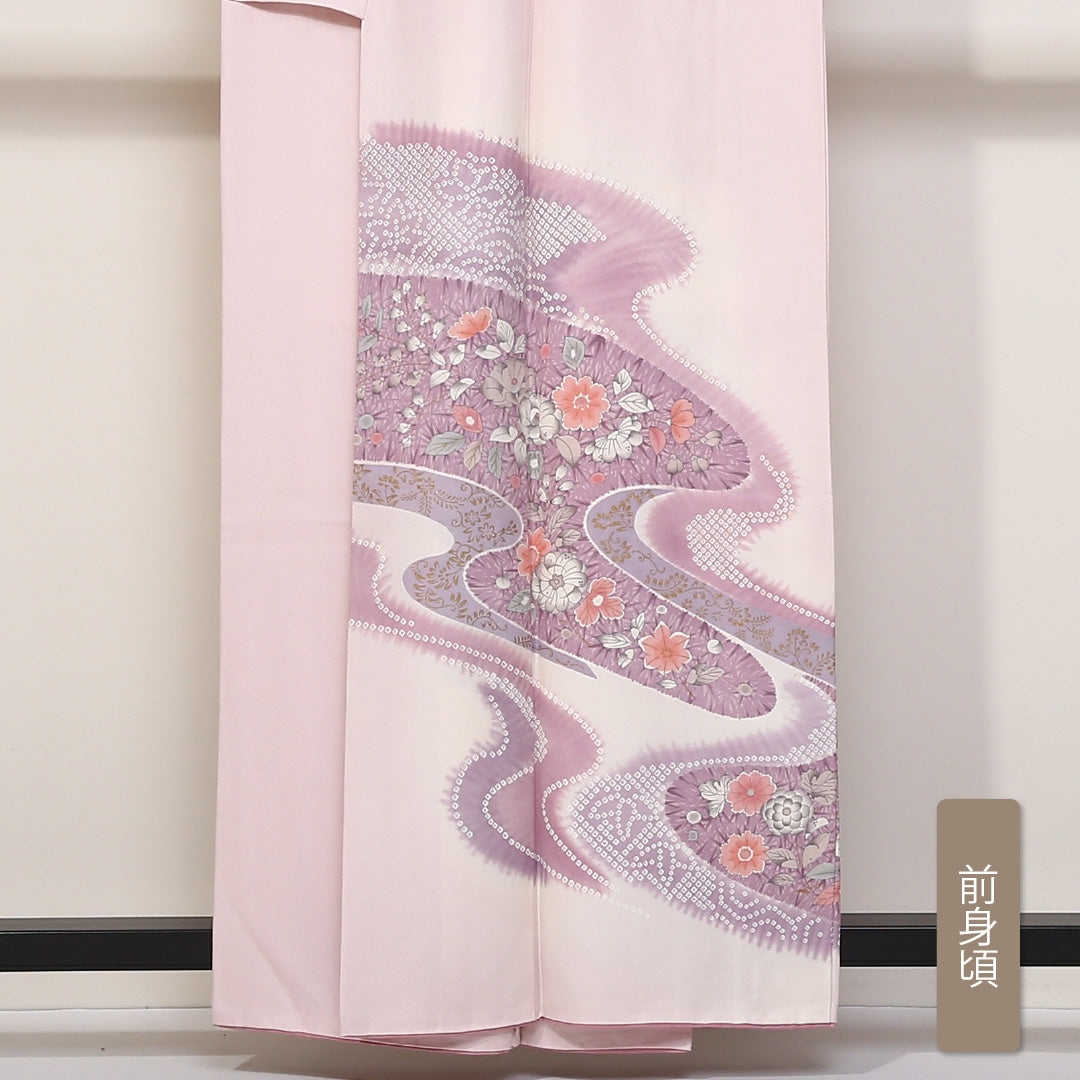 訪問着 袷 身丈157cm 裄丈63cm 正絹 Bランク セミフォーマル 広衿 Mサイズ 辻が花風 金彩 流水 花柄 吉祥文様 ピンク系 HP 1217-04416