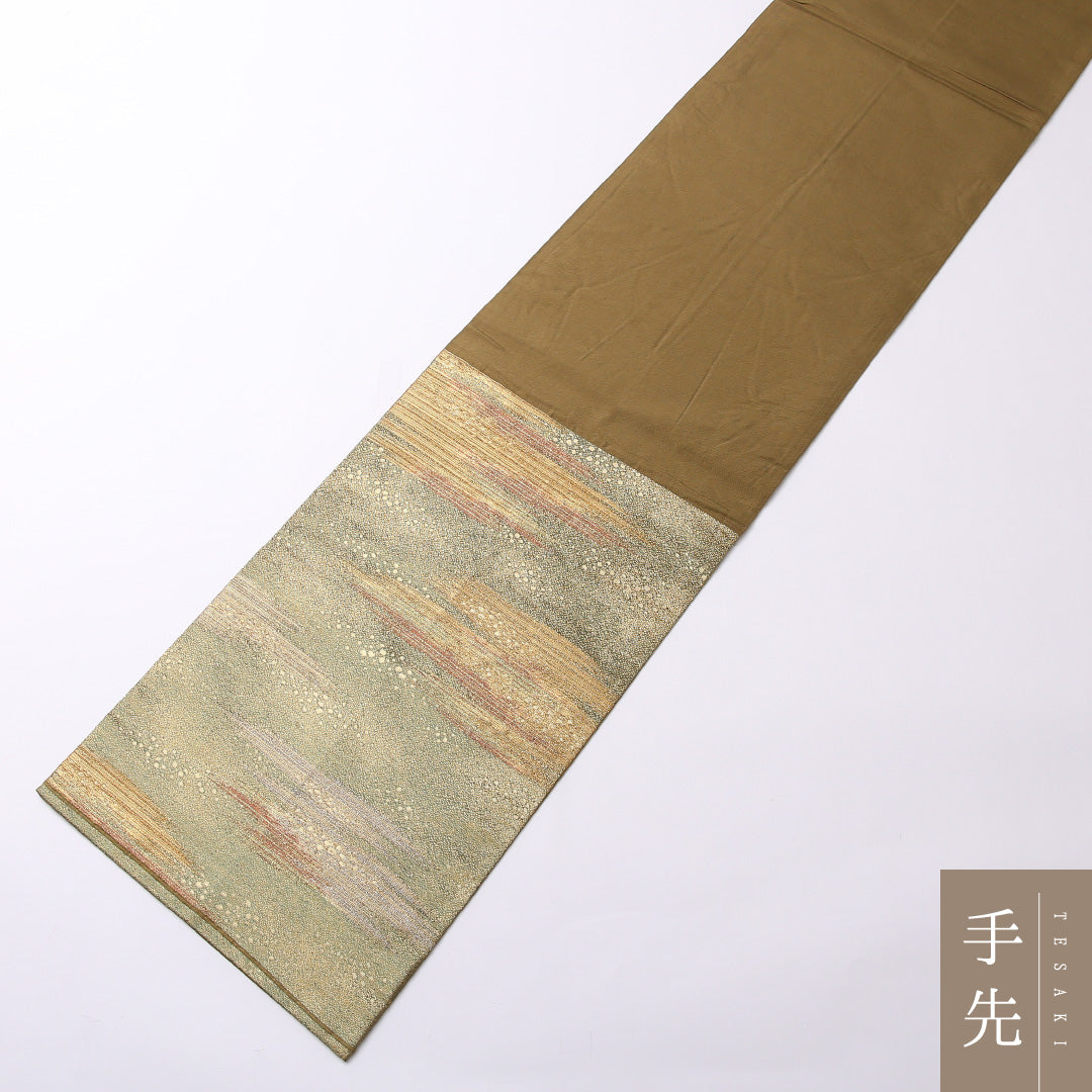 袋帯 帯丈432cm 正絹 六通 セミフォーマル 金霞 砂子 金系 緑系 1243-01497