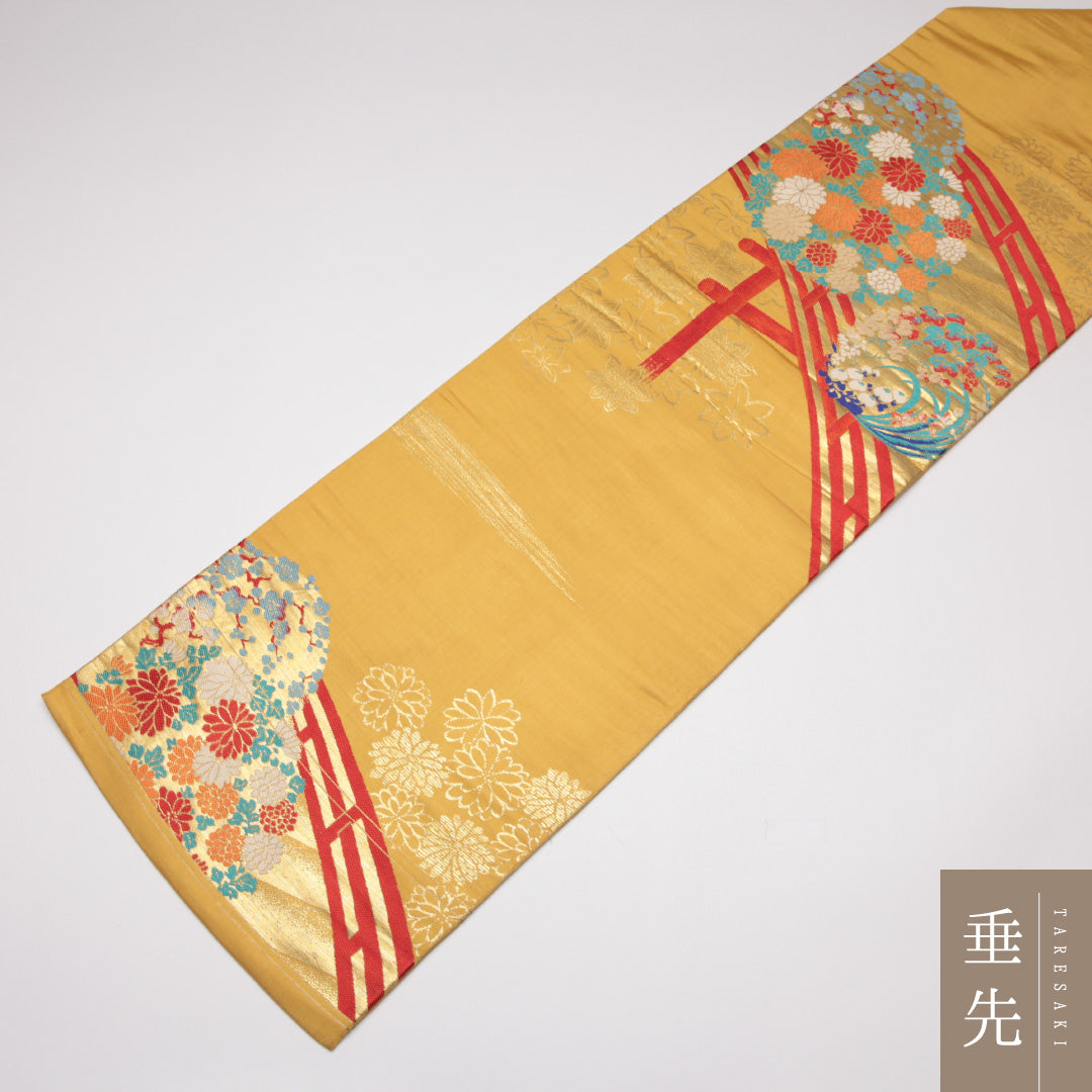 アンティーク 九寸名古屋帯 Aランク 帯丈334cm 正絹 ポイント柄 名古屋仕立て 織り 花喰鳥 花鳥文 菊 黄系 RP 1245-01562