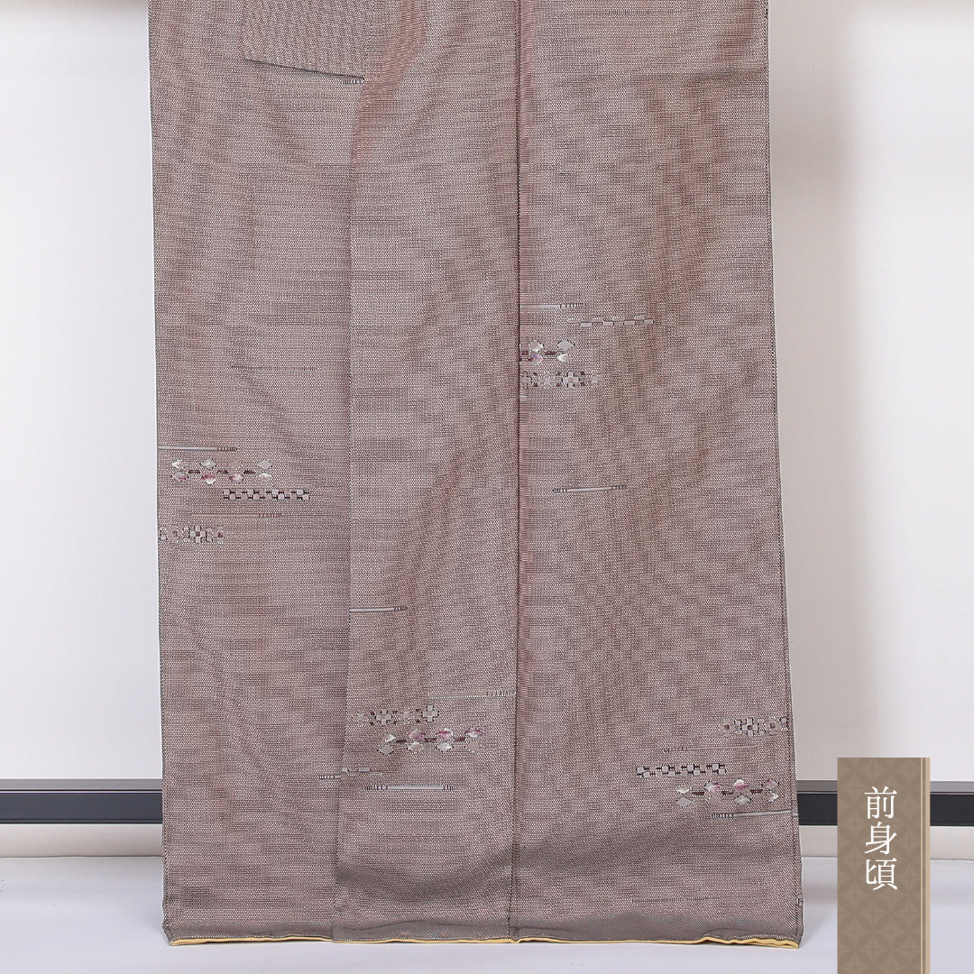 お召 袷 身丈167cm 裄丈64cm 正絹 Bランク インフォーマル 広衿 XLサイズ 創作柄 茶系 RP 1222-03420