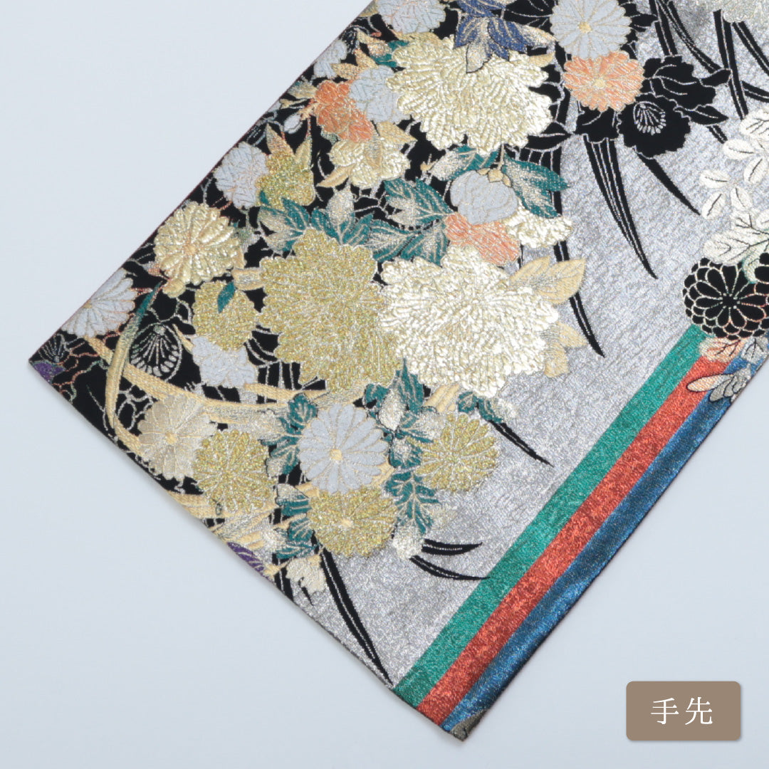 袋帯 帯丈432cm 六通 唐織 牡丹 菊 吉祥文様 振袖帯 フォーマル 黒系 正絹 Sランク 1223-00335