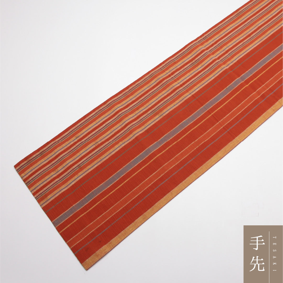 名古屋帯 帯丈352cm Cランク 開き仕立て 全通 正絹 遠州綿紬 紬 縞 カジュアル 朱系 1224-01945