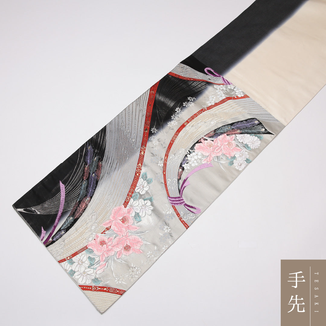 振袖用 袋帯 帯丈428cm ポリエステル 六通 熨斗 銀系 黒系 1243-01254