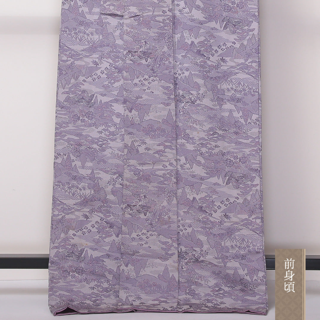 アンティーク 単衣 身丈169cm 裄64.5cm 正絹 肩当て 居敷当て お召 紫系 Bランク 1216-01080