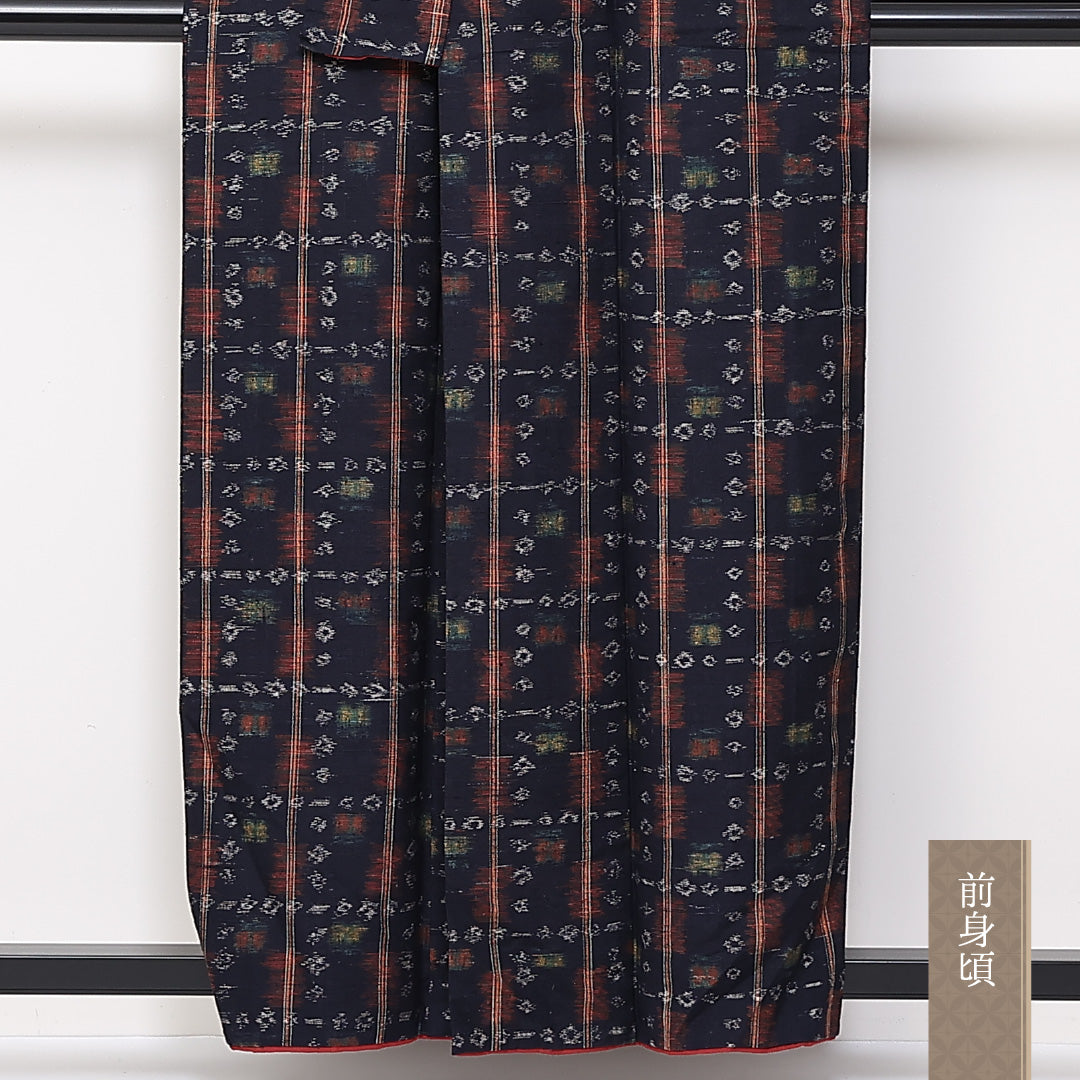 真綿紬 袷 身丈158cm 裄丈62cm 正絹 Aランク カジュアル 広衿 Mサイズ 縞 紺系 RP 1223-03830