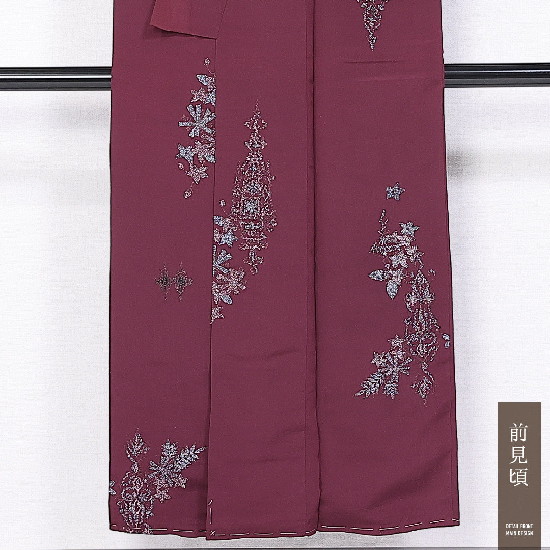 お召 袷 身丈147cm 裄丈61cm 正絹 Aランク インフォーマル 広衿 XSサイズ 漆糸 植物柄 紫系 RP 1222-11106