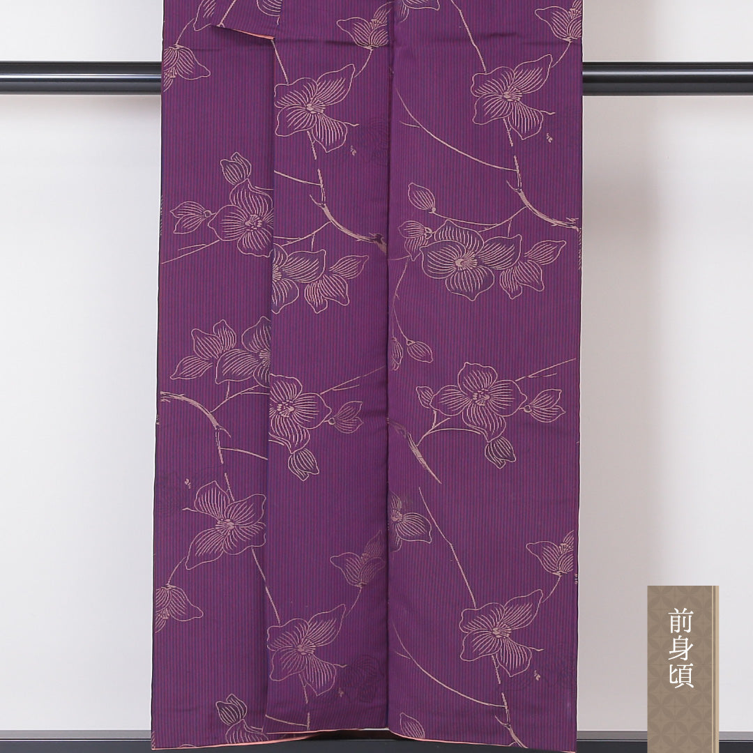 アンティーク お召 袷 身丈152cm 裄丈62cm 正絹 Aランク バチ衿 Sサイズ 牡丹 紫系 PO 1222-03425