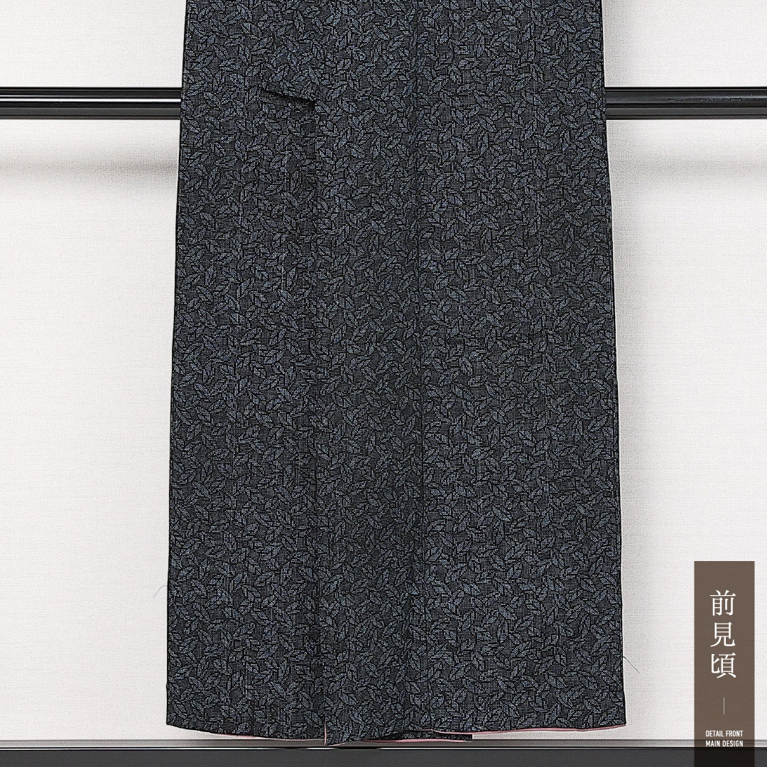 アンティーク お召 袷 身丈149cm 裄丈62cm 正絹 Aランク バチ衿 XSサイズ 植物柄 紺系 RP 1222-13639