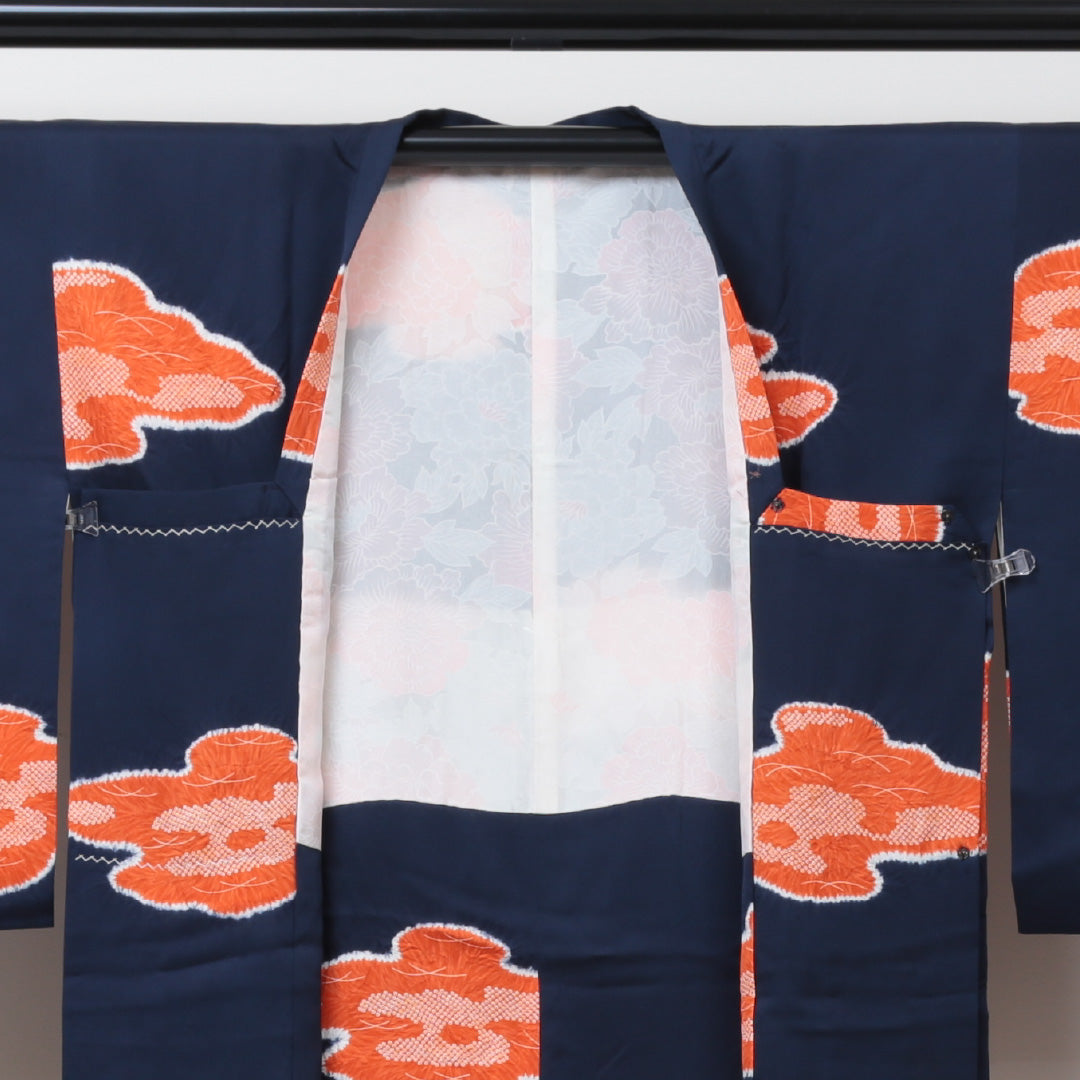 道行コート 袷 身丈87cm 裄丈62cm 正絹 Sランク Sサイズ フォーマル 雲取り 紺系 1263-05679