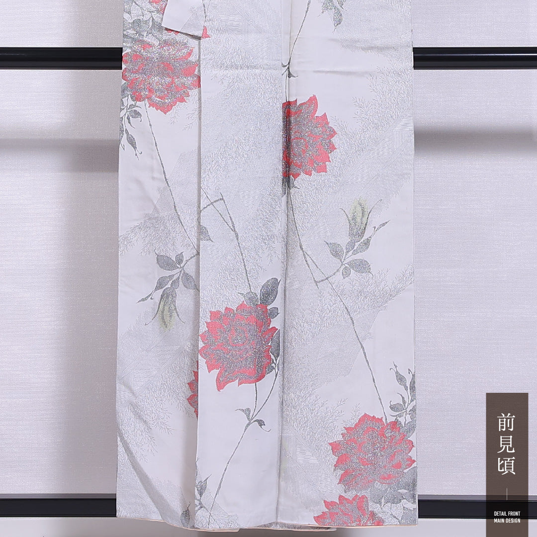 アンティーク 小紋 (お召) 袷 身丈154cm 裄丈64cm 正絹 Cランク バチ衿 Sサイズ 漆糸 薔薇 グレー系 RP 1221-11657