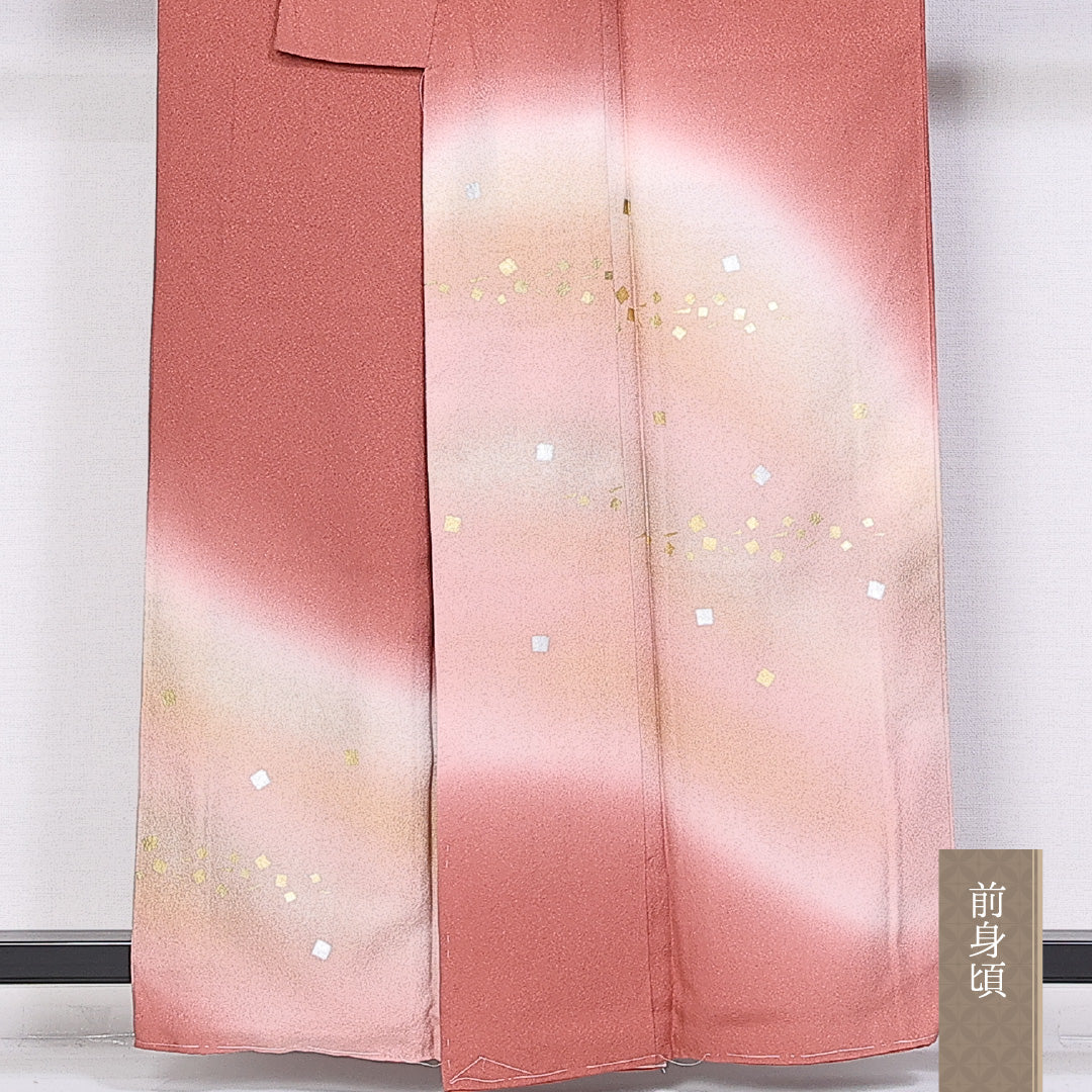 訪問着 身丈159cm 裄丈63.5cm Sランク 袷 一つ紋 正絹 広衿 ちりめん ぼかし 金箔 銀箔 ラメ 中陰五三桐 しつけ糸 1212-10201