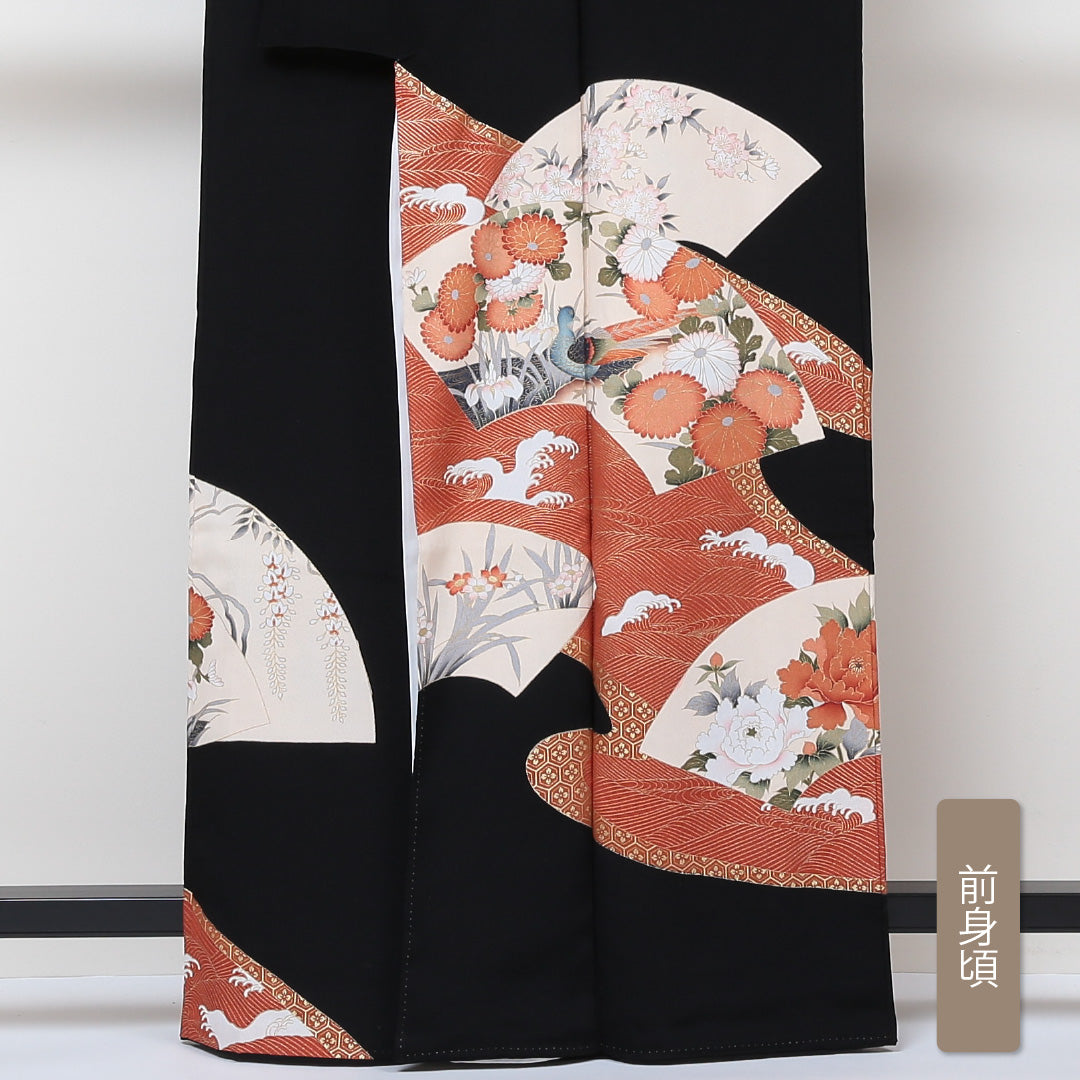 黒留袖 五つ紋 五三桐 身丈163cm 裄丈62.5cm Sランク 正絹 袷 広衿 L 京友禅 雉 牡丹 フォーマル 黒系 1211-F0189