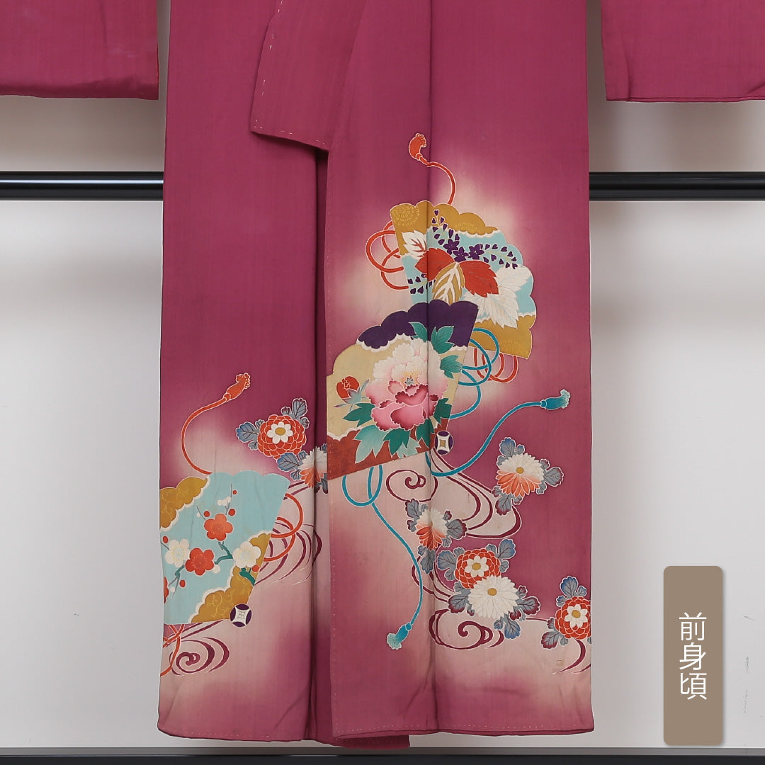 色留袖 袷 身丈148cm 裄63.5cm Cランク 正絹 広衿 アンティーク 赤系 1211-00082 1211000825112