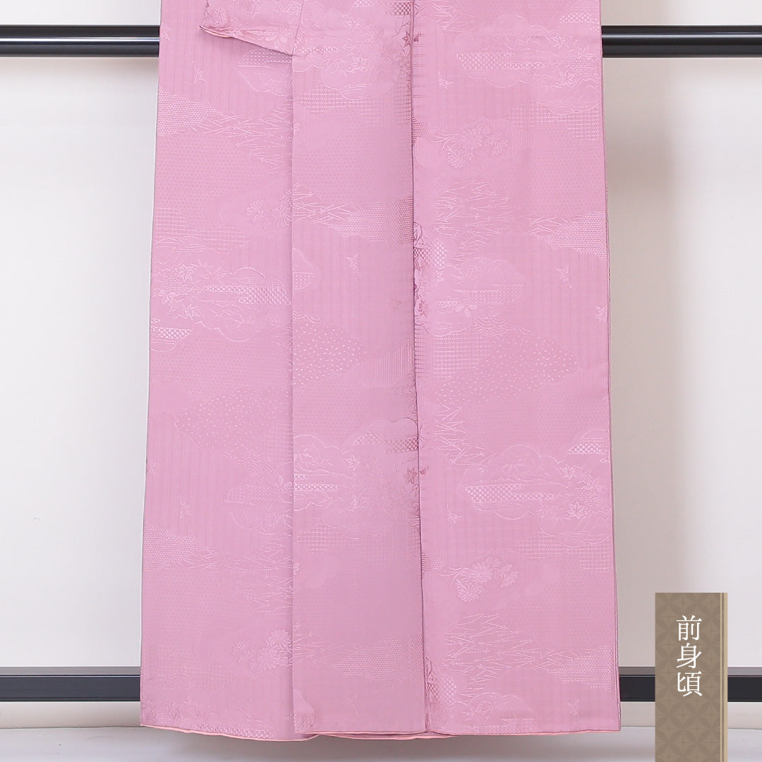 色無地 袷 身丈158cm 裄丈64cm 正絹 Aランク 一つ紋 (五三桐) 紋意匠 (吉祥文様) セミフォーマル 広衿 Mサイズ しつけ糸 紫系 RP 1219-05245