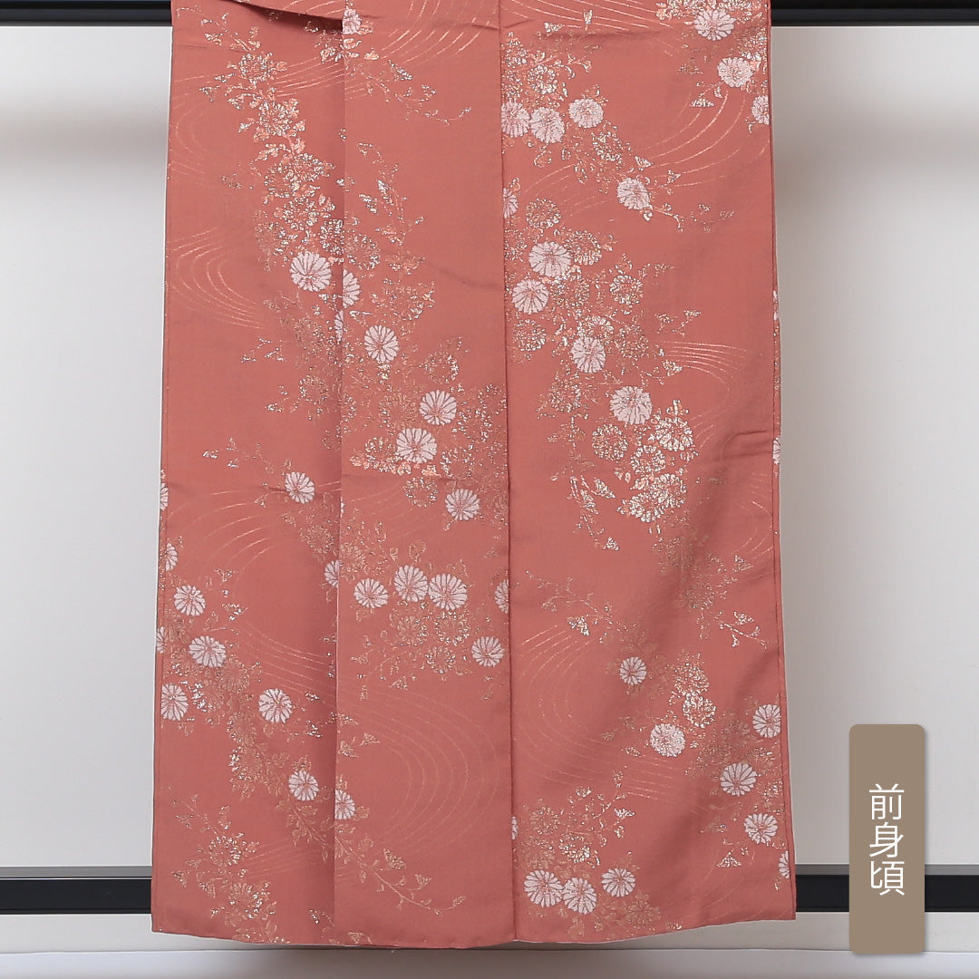 お召 袷 身丈156cm 裄丈65cm 正絹 Aランク インフォーマル 広衿 Mサイズ 漆糸 流水 菊 ピンク系 RP 1222-03070