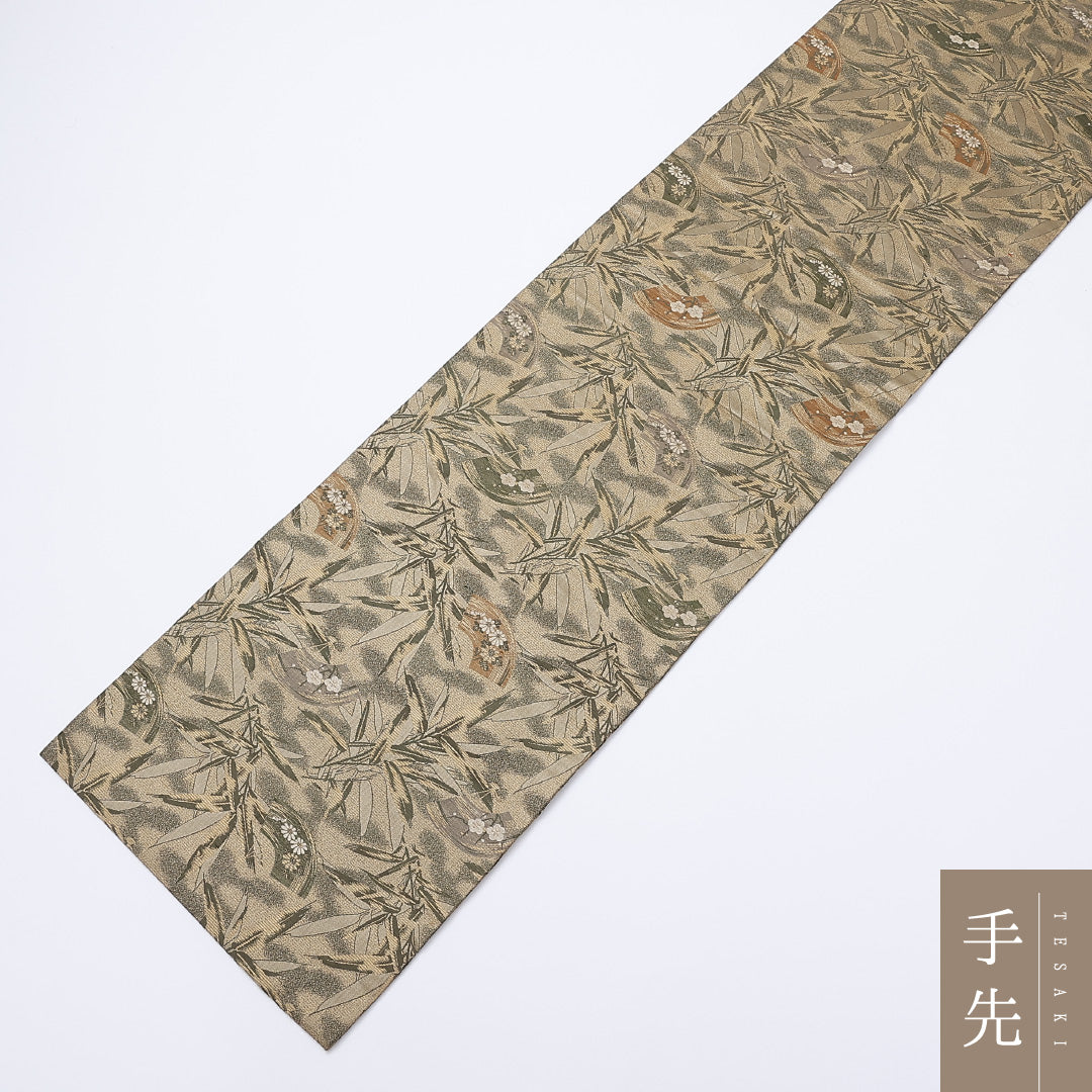 アンティーク 丸帯 帯丈400cm 全通 檜扇 菊や梅 笹 緑系 セミフォーマル 金系 正絹 Sランク 1223-00903