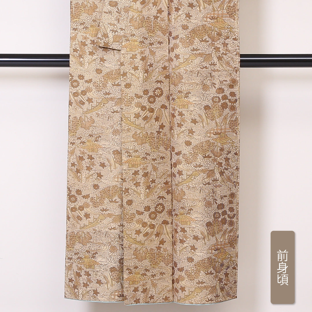 大島紬 袷 身丈154cm 裄丈60cm 正絹 Sランク インフォーマル バチ衿 Sサイズ 茶屋辻 ベージュ系 RP 1223-03291