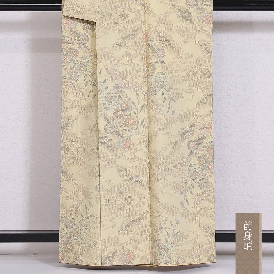 洗える着物 紬 袷 身丈159cm 裄丈63cm ポリエステル Sランク カジュアル 広衿 Mサイズ さが美 ガード加工 流水 紅葉 黄系 RP 1223-03924