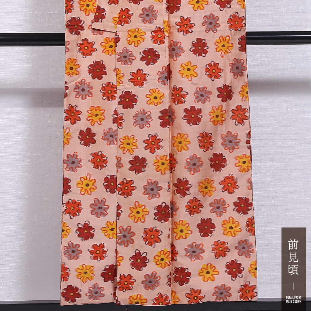 アンティーク 銘仙の着物 袷 身丈151cm 裄丈62cm 正絹 Cランク バチ衿 Sサイズ 花柄 朱系 RP 1223-11860