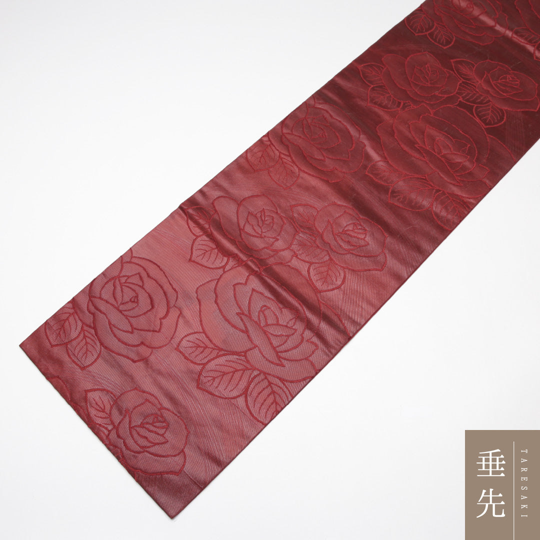 九寸名古屋帯 Aランク 帯丈350cm 正絹 六通 名古屋仕立て 織り カジュアル 薔薇 赤系 LP 1245-01736