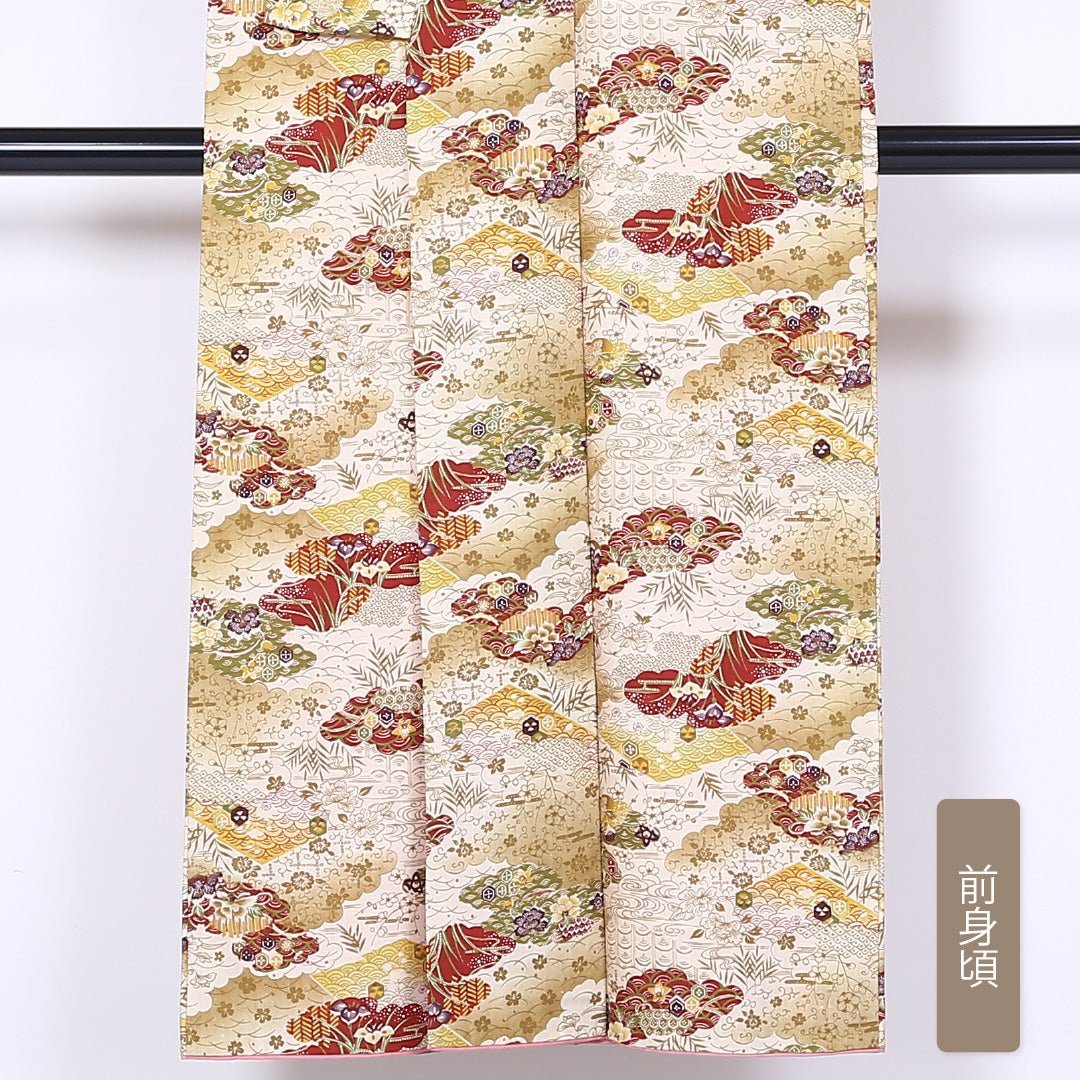 小紋 袷 身丈147cm 裄丈66cm 正絹 Aランク インフォーマル 広衿 XSサイズ 古典柄 黄系 HP 1221-01815
