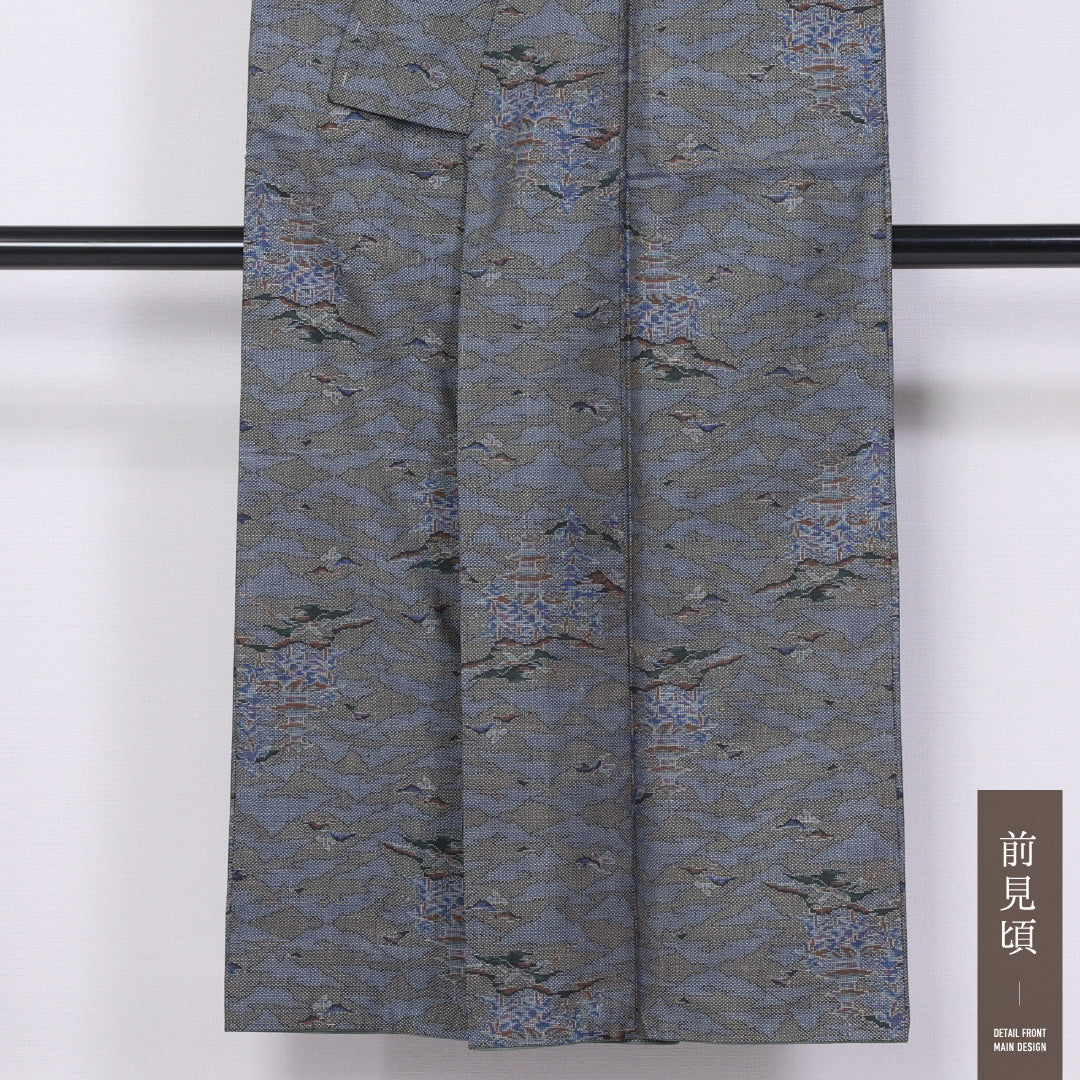 大島紬 袷 身丈143cm 裄丈62cm 正絹 Aランク インフォーマル 広衿 XSサイズ 経緯絣 寺院 グレー系 M4 1223-11533