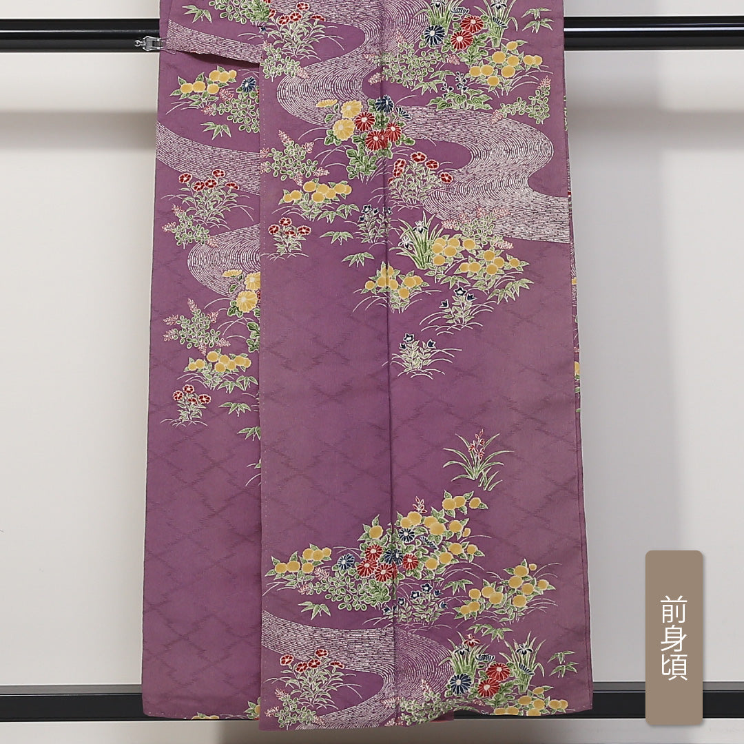 小紋 袷 身丈154cm 裄丈62cm 正絹 Aランク インフォーマル 広衿 Sサイズ 花柄 笹 紫系 RP 1221-01665