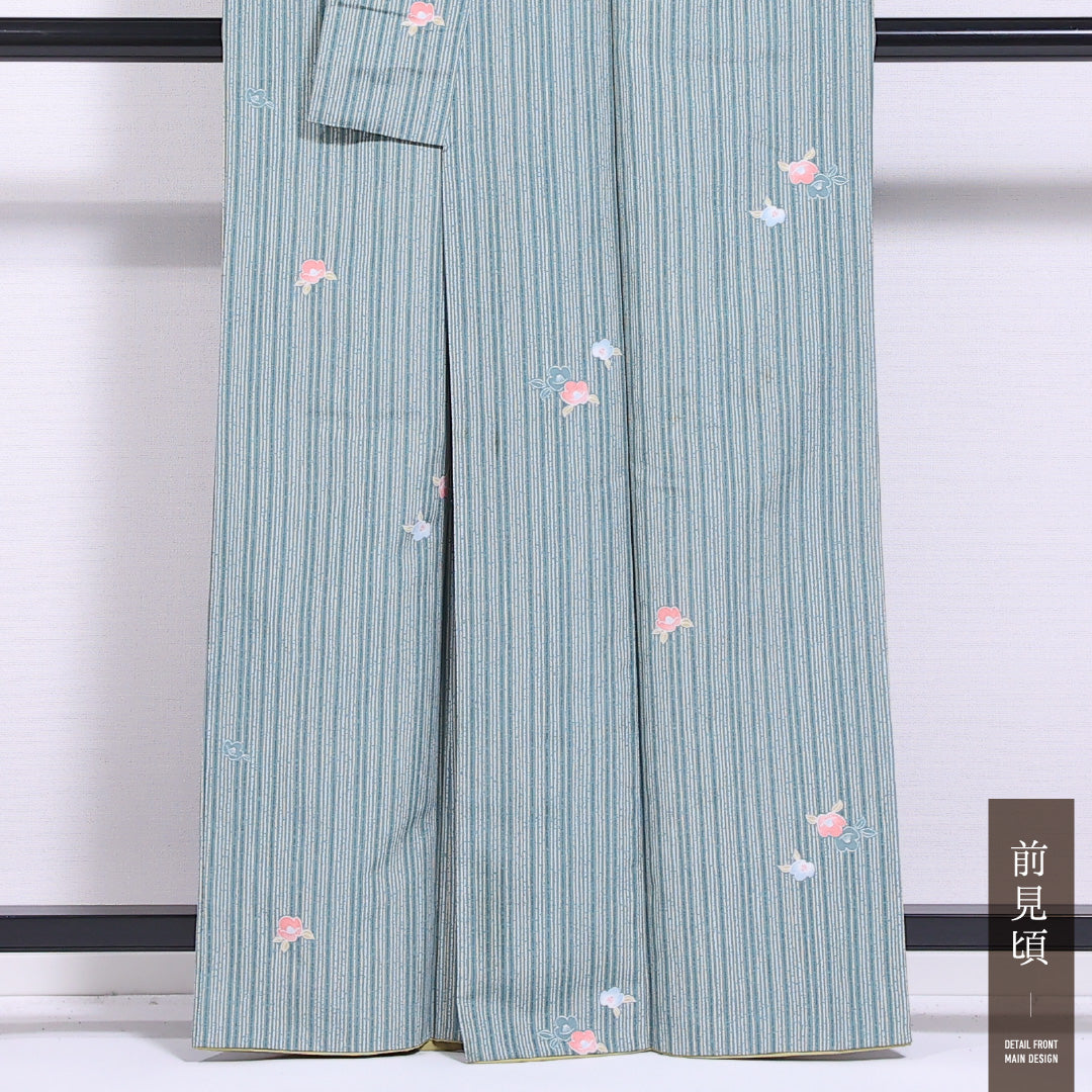 洗える着物 小紋 袷 身丈161cm 裄丈66cm ポリエステル Sランク インフォーマル 広衿 Lサイズ 縞 椿 緑系 RP 1221-11560