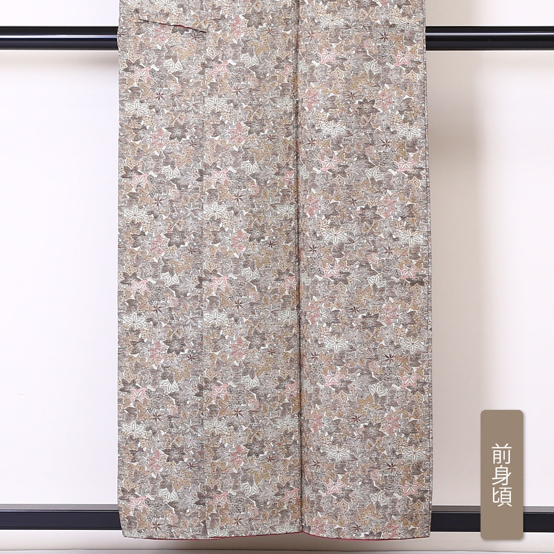 紬 袷 身丈155cm 裄丈62cm 正絹 Sランク カジュアル 広衿 Mサイズ 紅葉 楓 ベージュ系 RP 1223-03333