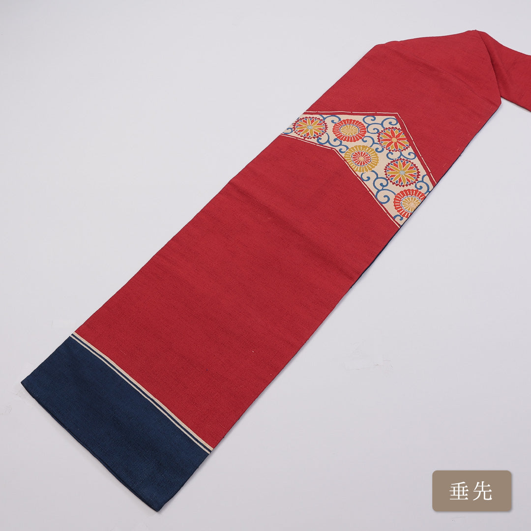 九寸名古屋帯 Bランク 帯丈353cm 正絹 ポイント柄 名古屋仕立て 染め カジュアル 紬 唐華 菊 赤系 RP 1245-00937