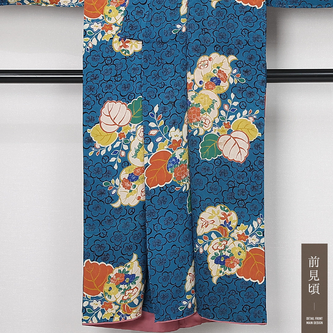アンティーク 小紋 (錦紗) 袷 身丈146cm 裄丈63cm 正絹 Aランク バチ衿 XSサイズ 牡丹 桐 青系 M4 1221-12545