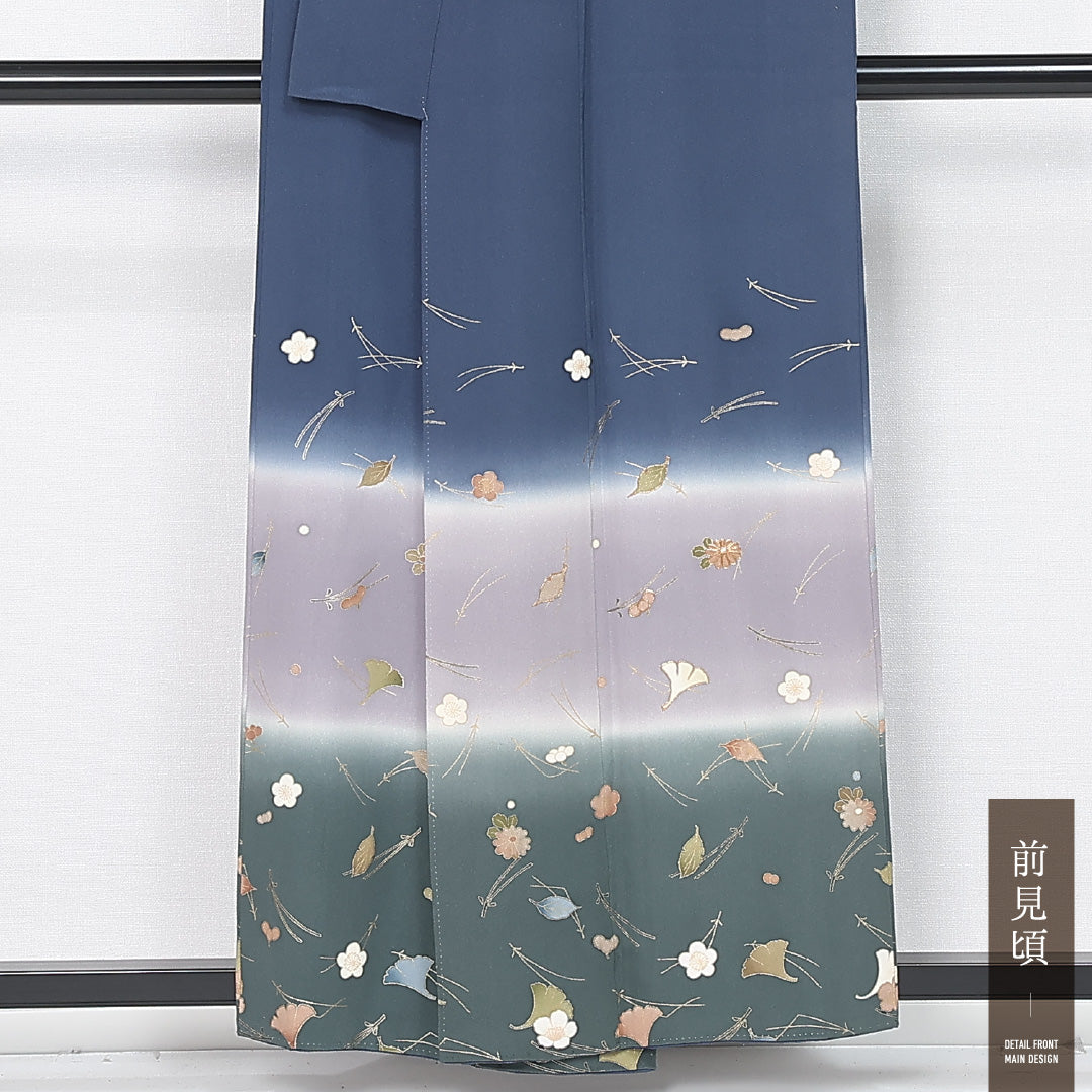 付下げ 身丈156cm 裄丈63cm Bランク M 正絹 袷 広衿 クラシカル 金駒刺繍 ぼかし 菊 桜 梅鉢 インフォーマル 青系 1261-11950