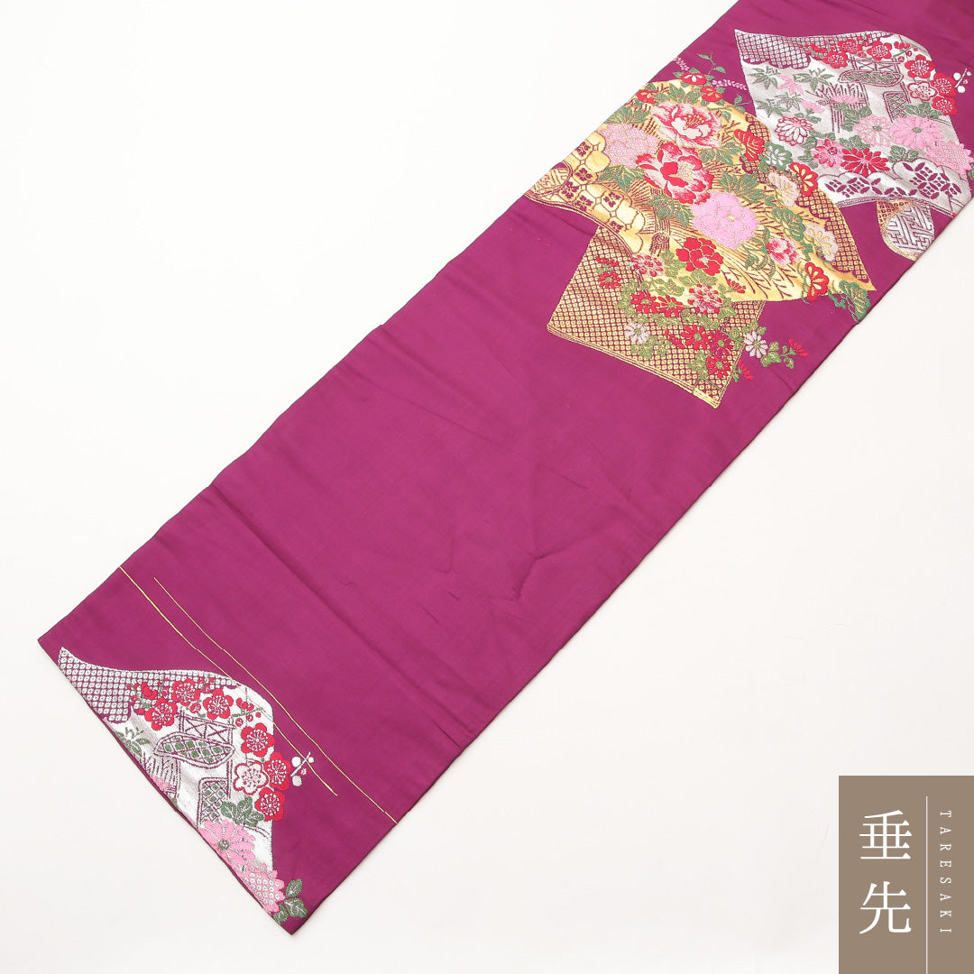 アンティーク 名古屋帯 ポイント柄 帯丈332cm Aランク 正絹 扇 四季草花 紫系 1224-02114