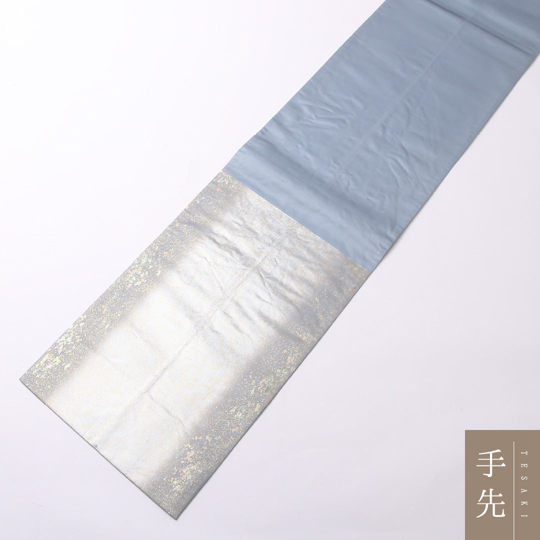 東海道五十三次 袋帯 帯丈428cm ポイント柄 フォーマル Aランク 正絹 金箔 引箔 螺鈿 現代的 粋 グレー系 1223-01491