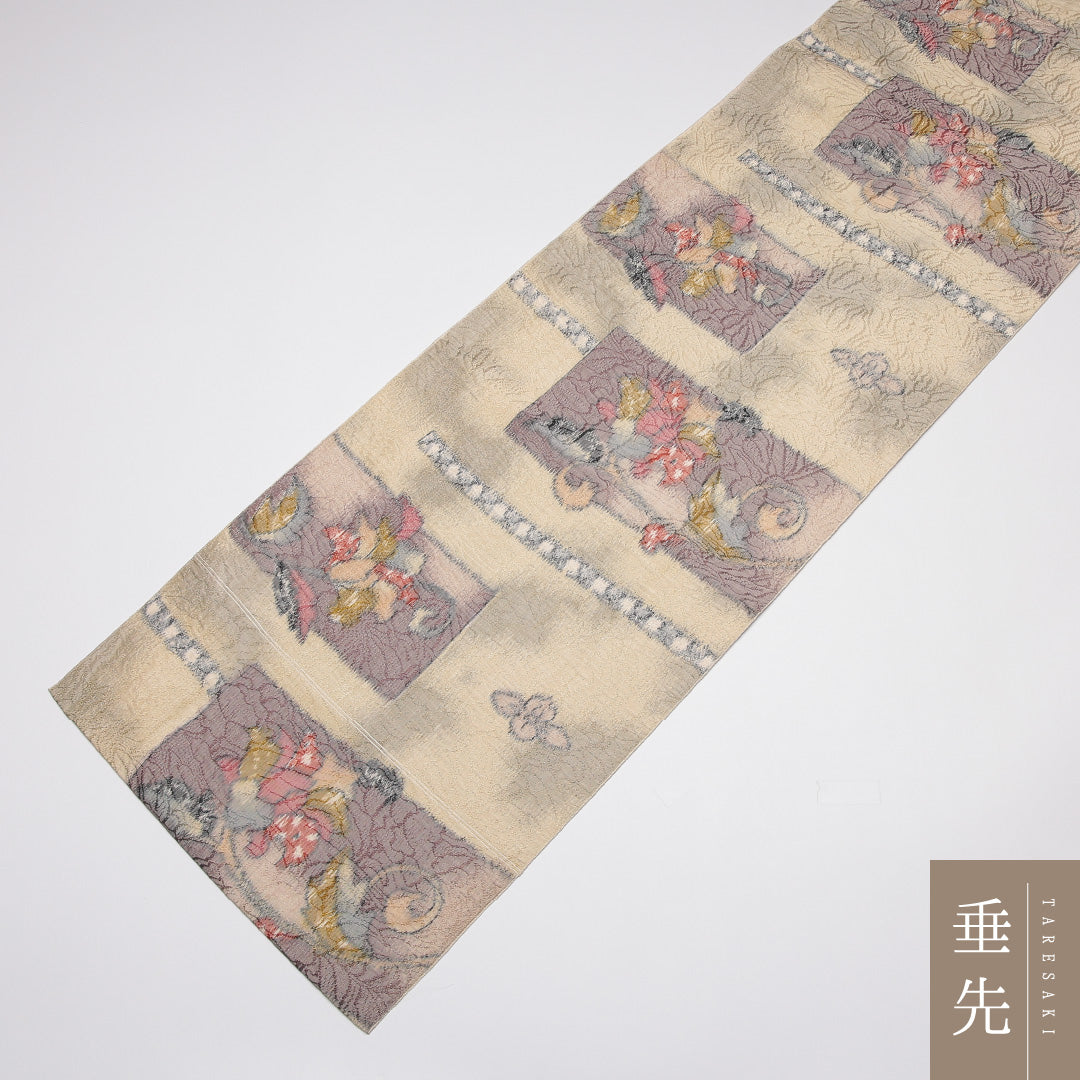 名古屋帯 帯丈348cm Sランク 名古屋仕立て 六通 ポリエステル 唐花 カジュアル ベージュ系 1224-01598