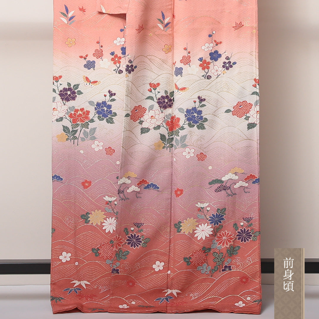 未使用品 訪問着 袷 身丈166cm 裄丈67cm 正絹 Sランク 紋意匠 (紗綾形) セミフォーマル 広衿 XLサイズ ぼかし染 金彩 しつけ糸 蝶 花柄 ピンク系 RP 1217-04567