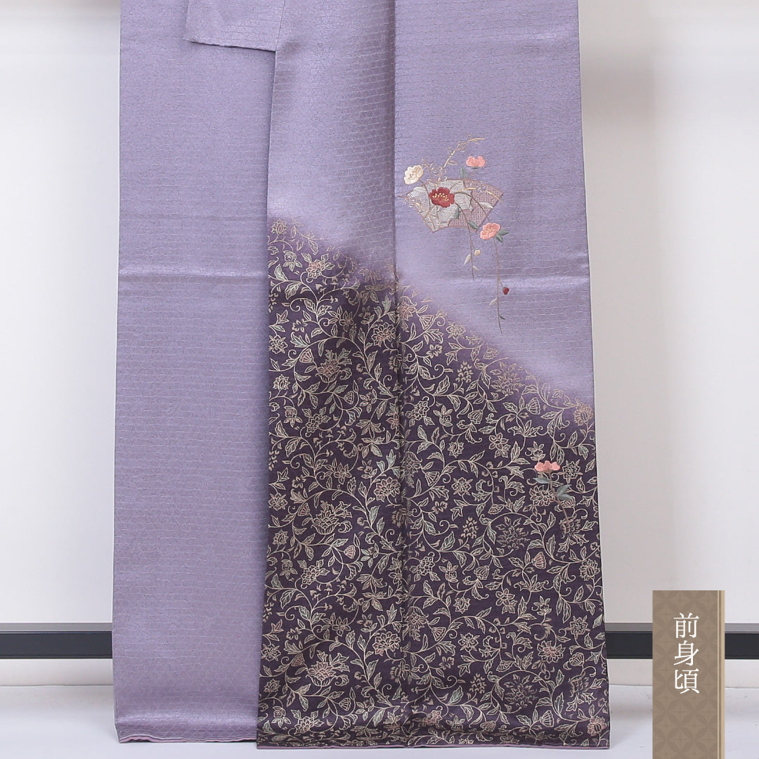 訪問着 袷 身丈160~164cm 裄63.5cm 正絹 蘇州刺繡 唐花 鱗柄 紫系 Sランク 1212-00580