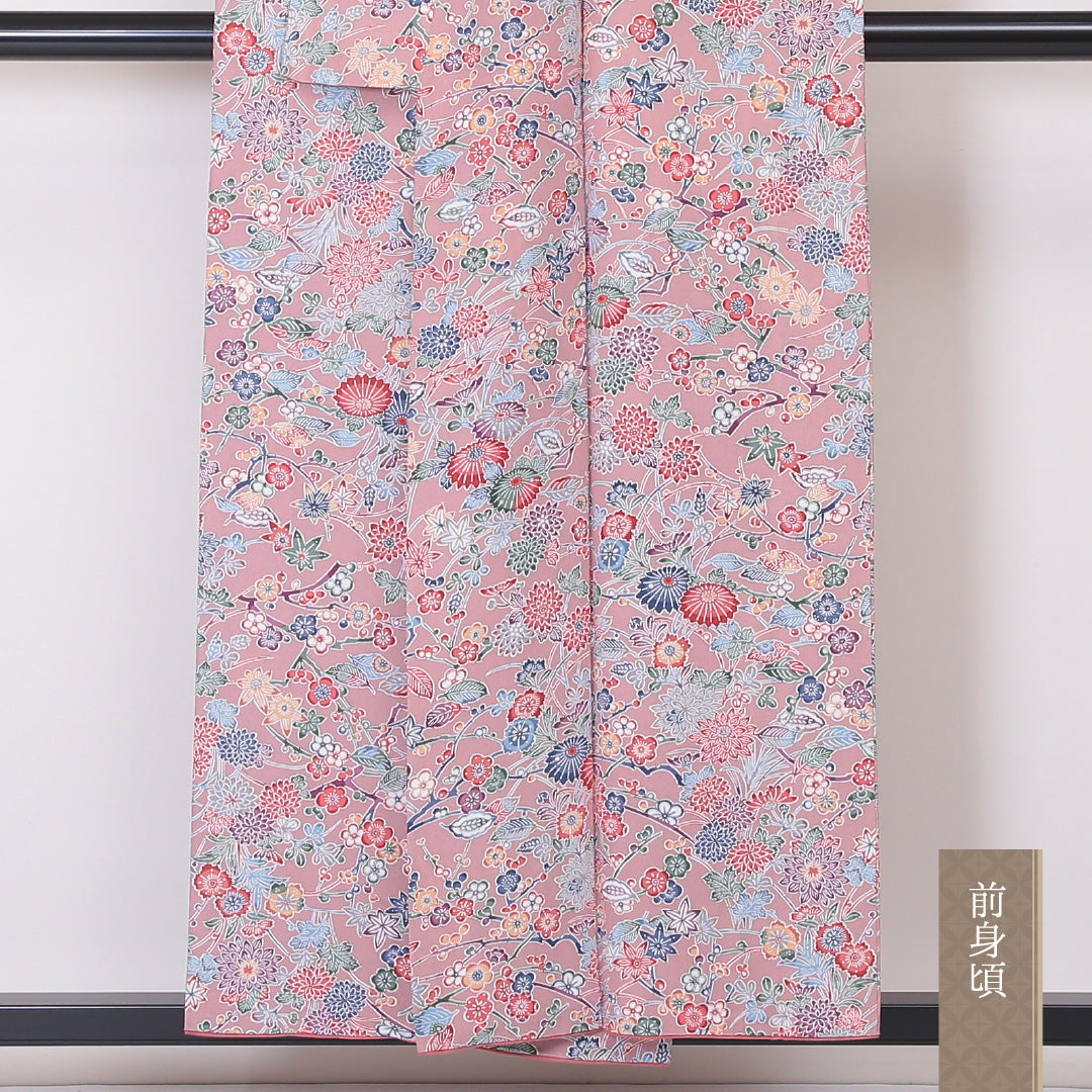 小紋 袷 身丈154cm 裄丈63cm 正絹 Aランク インフォーマル 広衿 Sサイズ 吉祥文様 ピンク系 RP 1221-02136
