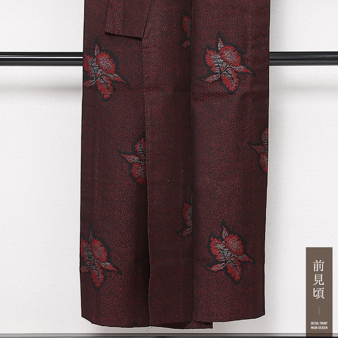洗える着物 ウールの紬 単衣 身丈146cm 裄丈63cm ウール Sランク カジュアル バチ衿 XSサイズ 花柄 赤系 RP 1223-13563