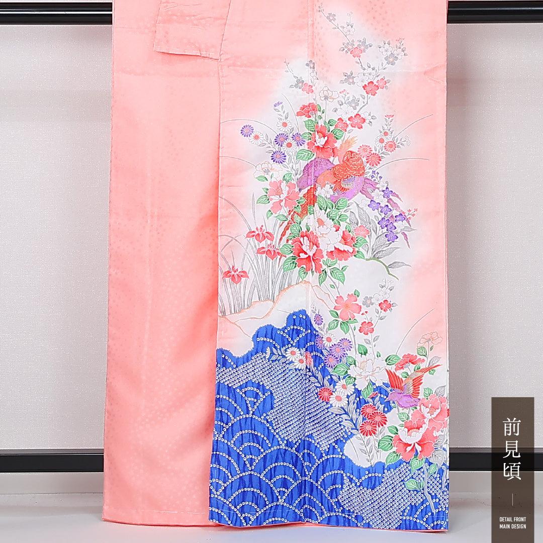 洗える着物 訪問着 袷 身丈161cm 裄丈65cm ポリエステル Sランク セミフォーマル 広衿 Lサイズ 尾長鳥 青海波 牡丹 杜若 ピンク系 RP 1217-12501