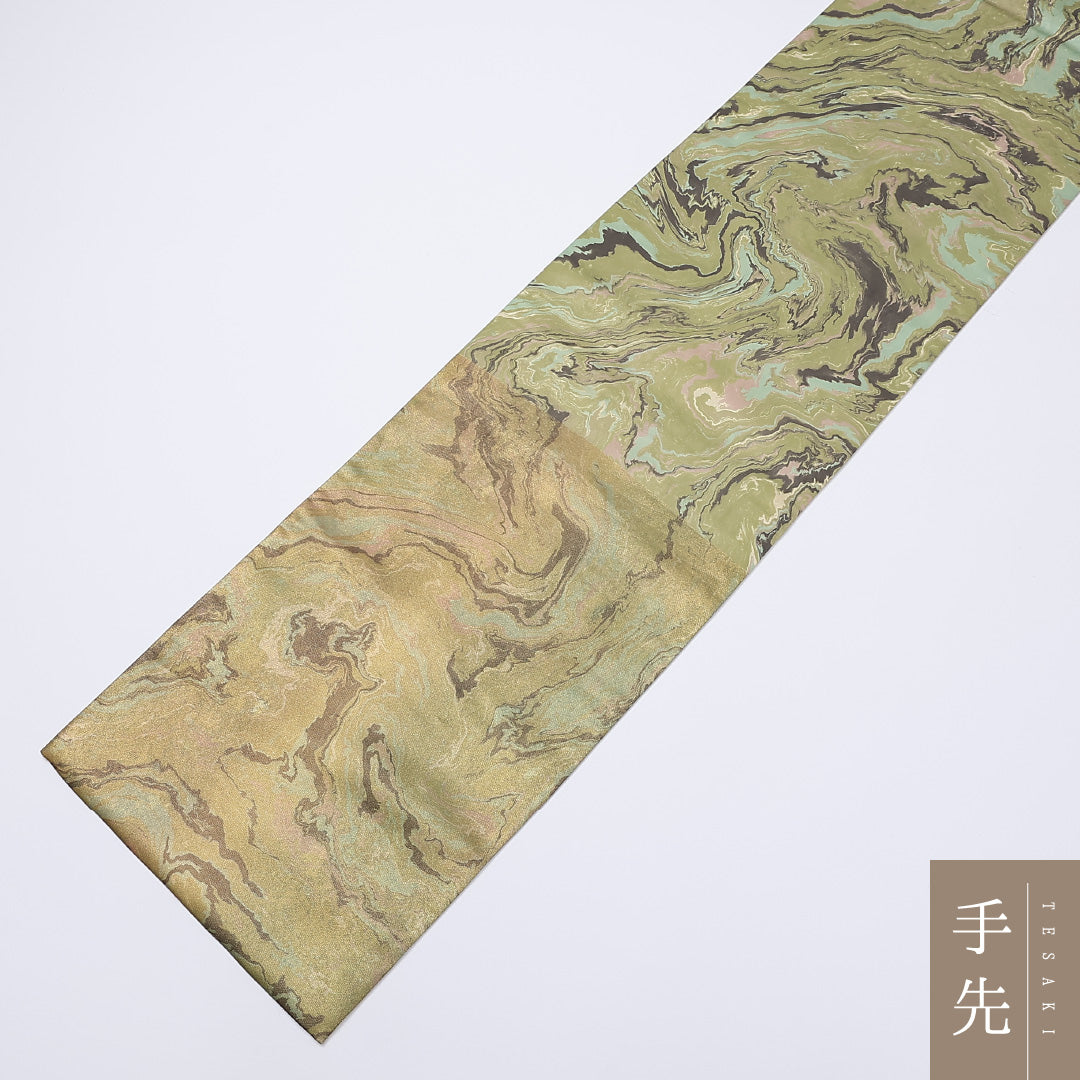 袋帯 帯丈452cm 六通 墨流し 引箔 カジュアル 金系 正絹 Sランク 1223-00948