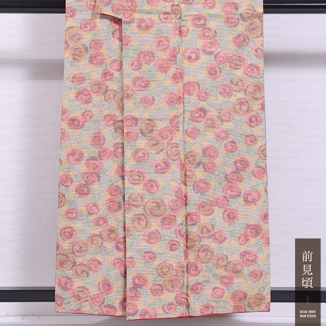 大島紬 袷 身丈155cm 裄丈63cm 正絹 Sランク インフォーマル バチ衿 Mサイズ 薔薇 ピンク系 M4 1223-11596