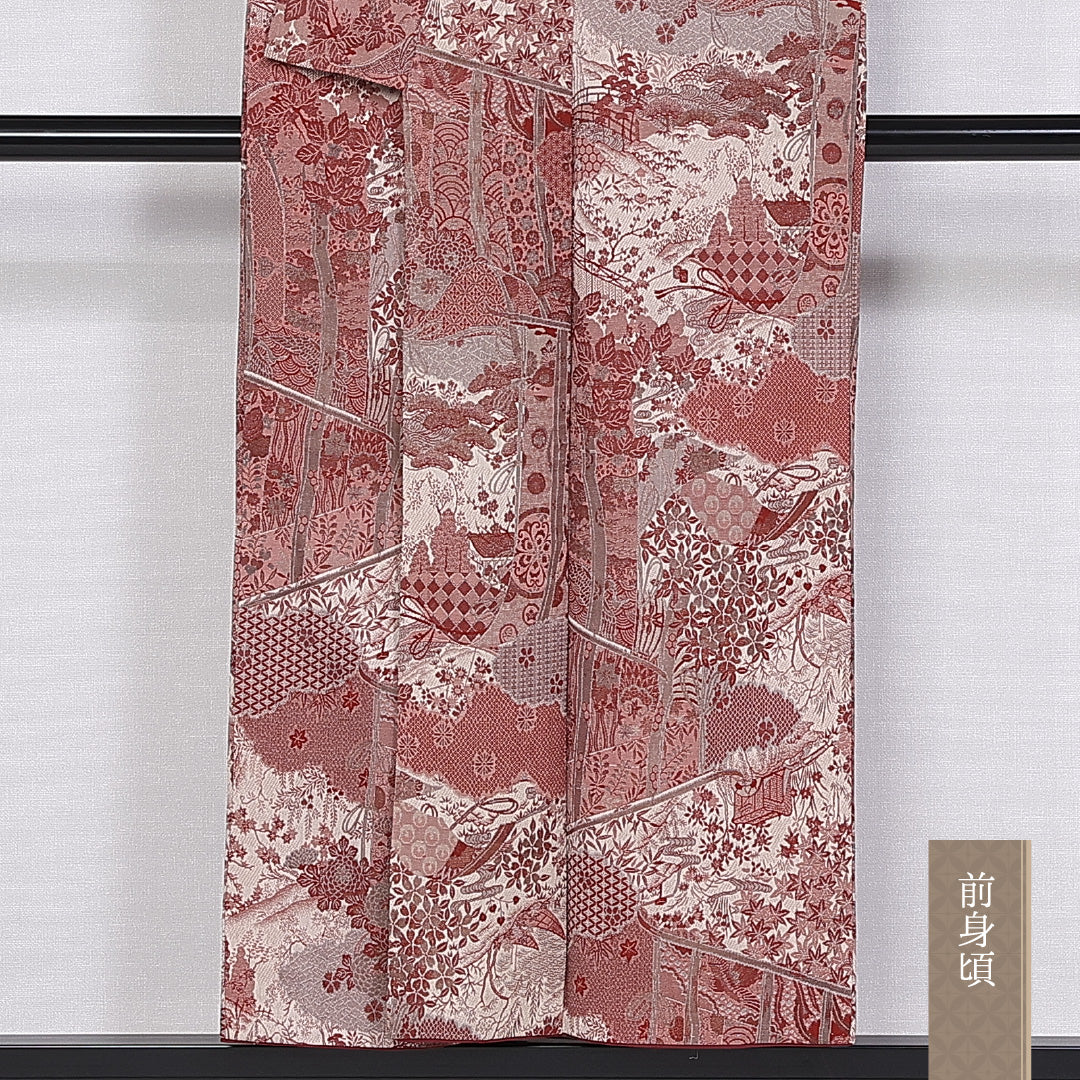 アンティーク お召 袷 身丈151cm 裄丈63cm 正絹 Bランク 広衿 Sサイズ 御所解 赤系 M4 1222-10542