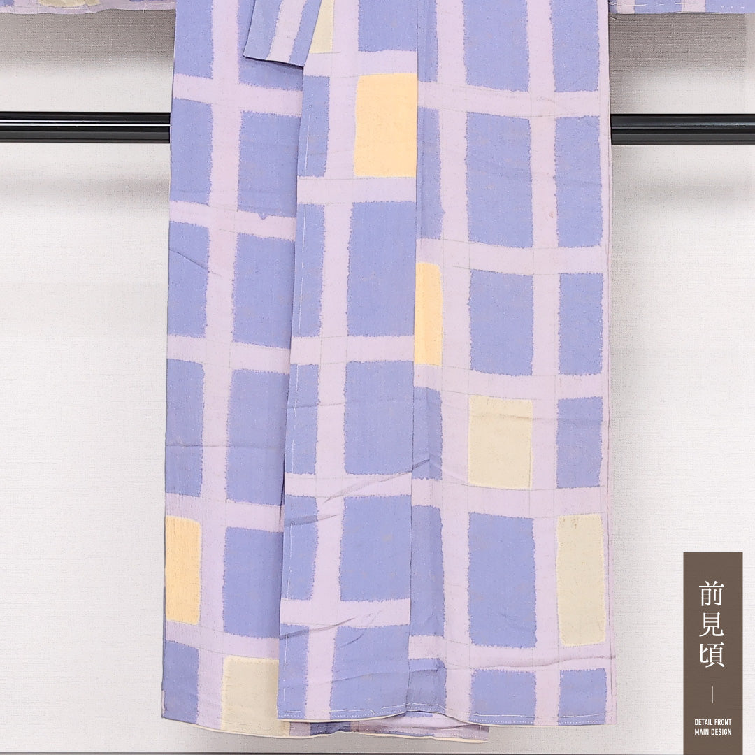アンティーク 小紋 袷 身丈147cm 裄丈60cm Dランク 正絹 バチ衿 XSサイズ 格子 スタイリッシュ 爽やか 水色系 紫系 1215-13521