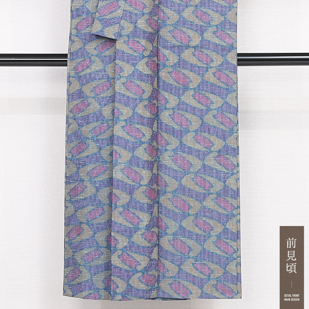 洗える着物 ウールの紬 単衣 身丈146cm 裄丈60cm ウール Sランク カジュアル XSサイズ 居敷当て 肩当て 幾何学柄 紫系 RP 1223-13199