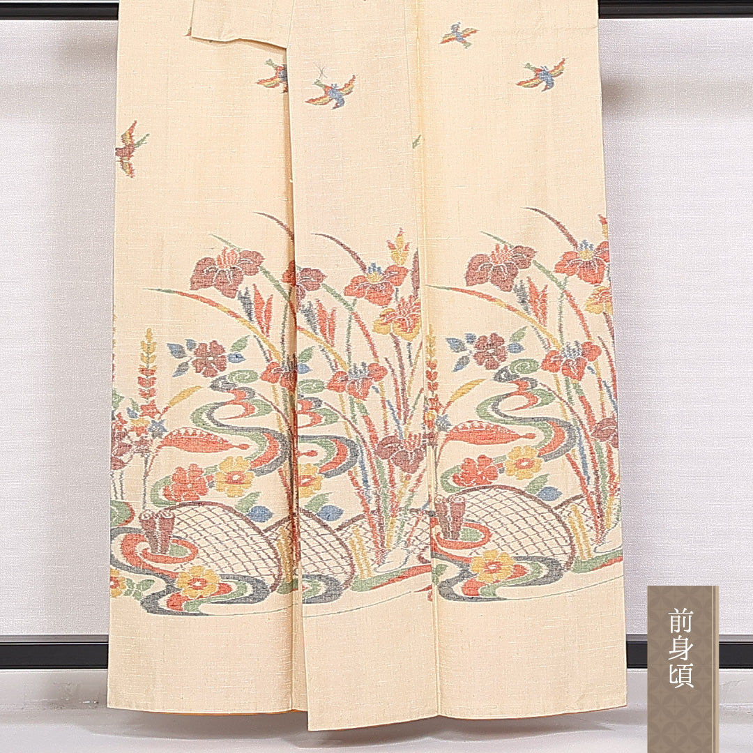 紬 身丈158cm 裄丈63.5cm Cランク 袷 正絹 広衿 付下げ 菖蒲 桐 鳥 真綿紬 1216-10104