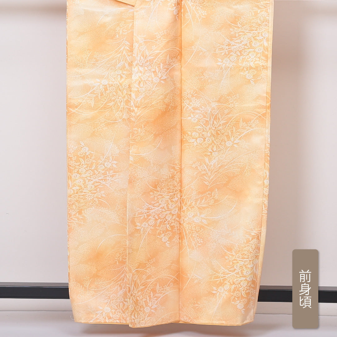 小紋 袷 身丈159cm 裄63.5cm 黄系 草花 洗える着物 Sランク しつけ糸 1215-01864-2323