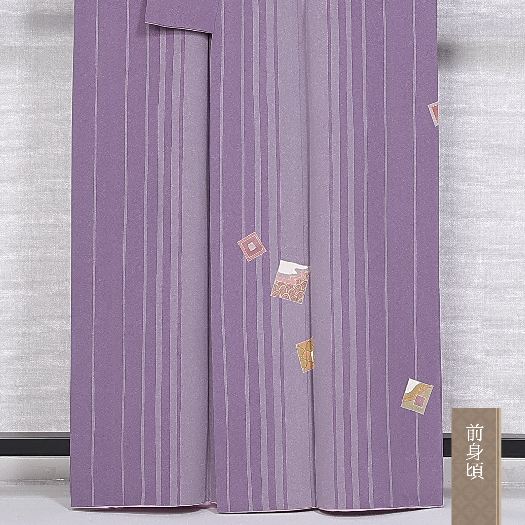 付下げ 袷 身丈160cm 裄丈64cm 正絹 Sランク インフォーマル 広衿 Lサイズ ガード加工 縞 創作柄 紫系 RP 1218-10393