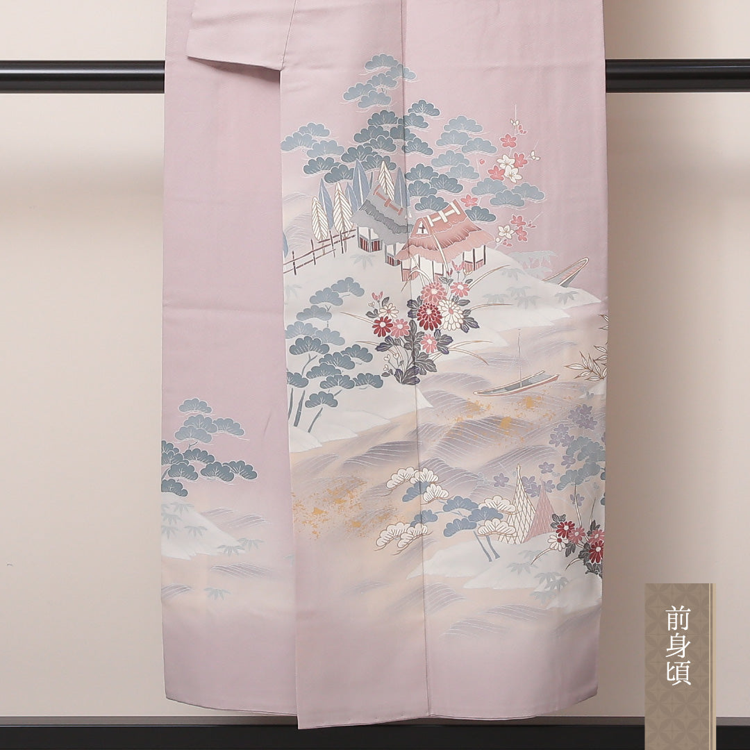 色留袖 袷 身丈148cm 裄63cm 正絹 一つ紋 御所解 剣片喰 日向紋 紋意匠 紗綾形 ピンク系 証紙 Aランク 1211-00124