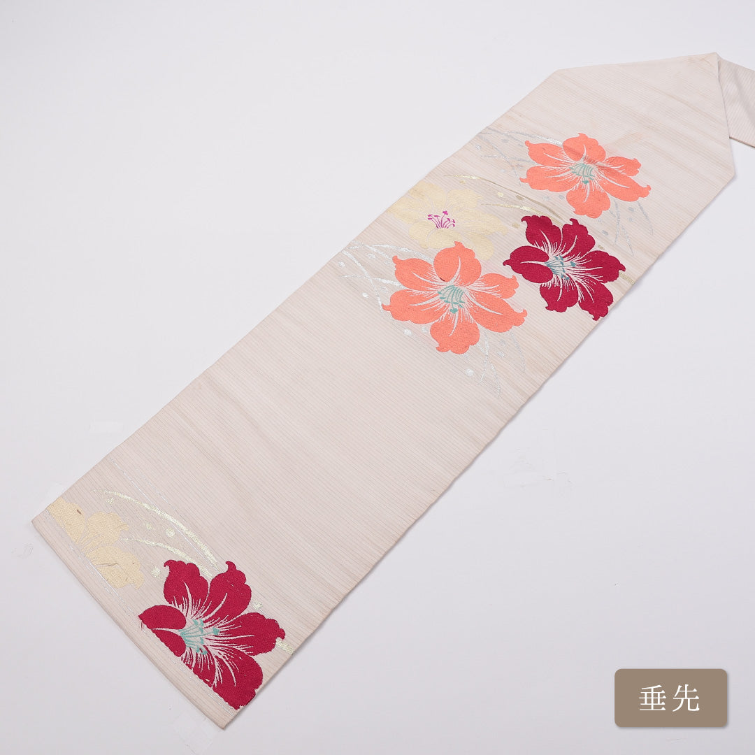 アンティーク 九寸名古屋帯 Cランク 帯丈325cm 正絹 ポイント柄 名古屋仕立て 織り 芙蓉 白系 RP 1245-00919
